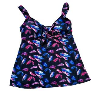 Danify Pink Blue Feather Print Swim Dress Top Black Plus Sz 22 Adjustable NWOT